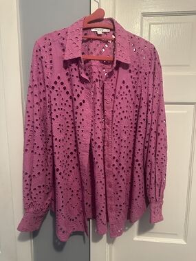 Chico's Eyelet Button-Up Blouse in Bright Pink